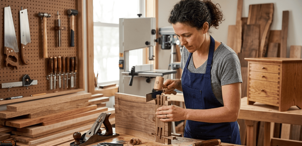 Woodworking in a workshop setting.