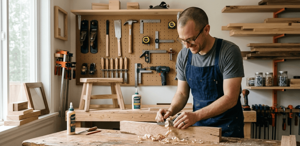 woodworking tools for beginners in a workshop