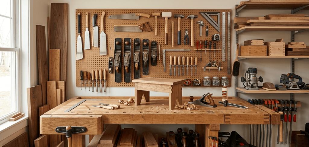 Woodworking tools and workbench setup.